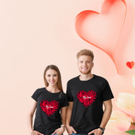 Valentijns paar Hartvormige Rozen bloemblaadjes zw T-shirt