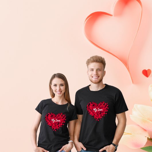 Valentijns paar Hartvormige Rozen bloemblaadjes zw T-shirt