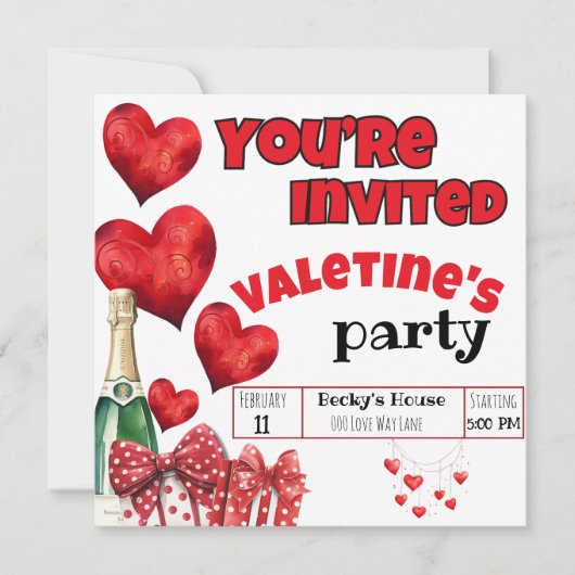 Valentijns Rode Hart en Polka Dots Champagne Kaart (Voorkant)