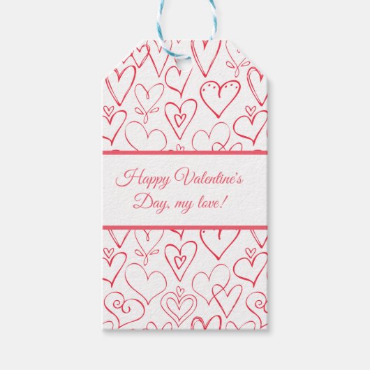 Valentijns  rood doodle harten patroon cadeaulabel (Voorkant)