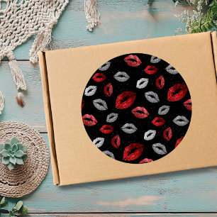 Valentijns Rood Zilver Glitter Lippen op Zwart Ronde Sticker