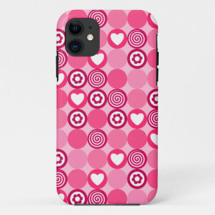 Valentijns Roze Hart en Bloem Stippen Patroon iPhone 11 Hoesje