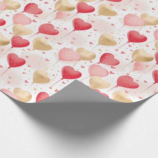 Valentijns roze rode en gouden hart ballonnen cadeaupapier (Hoek)