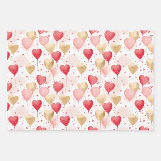 Valentijns roze rode en gouden hart ballonnen inpakpapier vel (Voorkant 3)