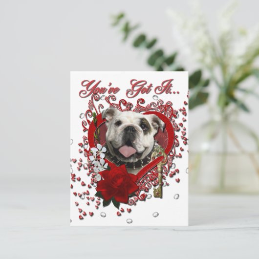 Valentijns - Sleutel tot mijn hart - Bulldog Feestdagenkaart (Staand voorkant)