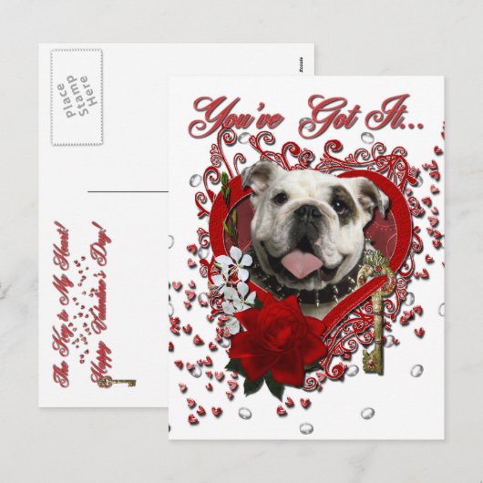 Valentijns - Sleutel tot mijn hart - Bulldog Feestdagenkaart (Voorkant / Achterkant)