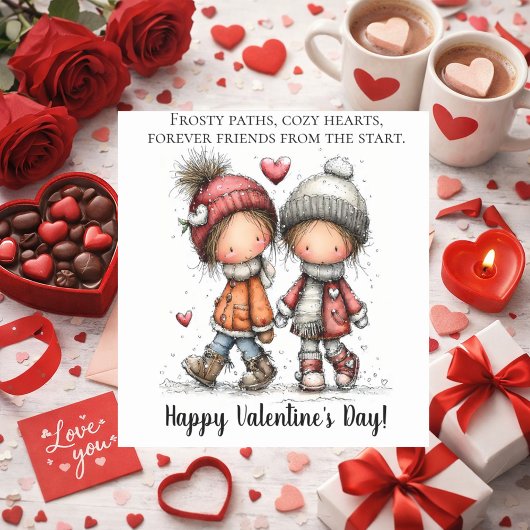 Valentijns Sneeuwwandeling – Whimsical Kinderen Vierkante Sticker