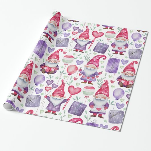 Valentijns thema Gnome Pattern Cadeaupapier (Uitgerold)