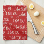 Valentijns thema Rood Wit Ik hou van je Patroon Theedoek<br><div class="desc">Geïnspireerd door de Valentijnsdag toont dit ontwerp charmante handgetekende harten en de oprechte zin "I love you" in prachtig handgeschreven typografie,  dit naadloze patroon is ideaal voor het toevoegen van een romantische toets aan elke gelegenheid.</div>