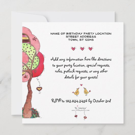 Valentijns, uitnodiging van de Birthday Party (Achterkant)