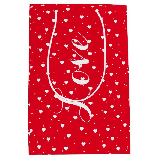 Valentijns wit op rood hartpatroon medium cadeauzakje (Voorkant)