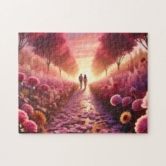 Valentijns Zonsondergang Bloemenpad Romantisch Paa Legpuzzel (Horizontaal)