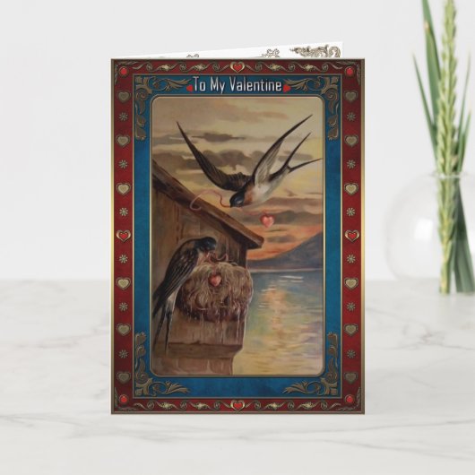 Valentijns. Zwaluwen met hartjes aan linten. Feestdagen Kaart (Voorkant)