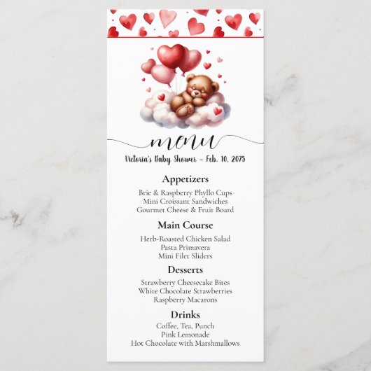 Valentijnsbeer Babyshower Menu (Voorkant)