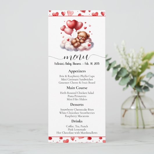Valentijnsbeer Babyshower Menu en Programma (Staand voorkant)