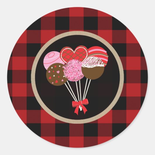 Valentijnscake pops Cakepops Rood Buffalo geruit Ronde Sticker (Voorkant)