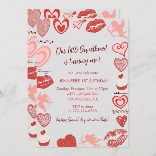 Valentijnsdag 1e verjaardag Roze Rood Grijs Kaart (Voorkant / Achterkant)