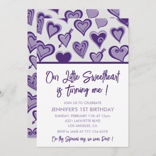 Valentijnsdag 1e verjaardagsuitnodiging februari kaart (Voorkant / Achterkant)