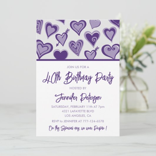 Valentijnsdag 40e verjaardag paarse harten kaart (Staand voorkant)