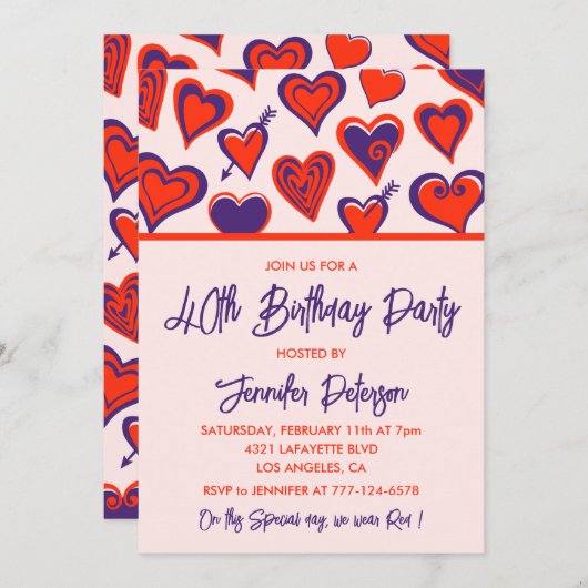 Valentijnsdag 40e verjaardagsuitnodiging februari kaart (Voorkant / Achterkant)