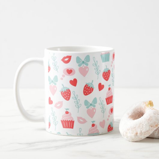 Valentijnsdag aardbei Kisses Cupcakes Hearts Koffiemok (Met donut)