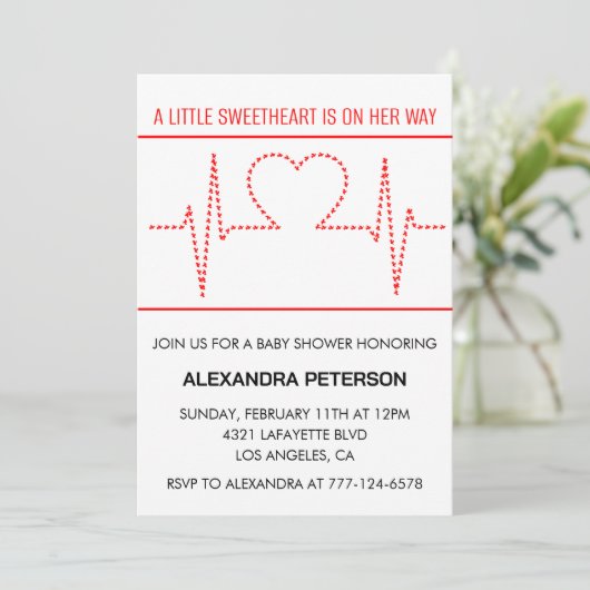 Valentijnsdag baby shower hartslag rood wit kaart (Staand voorkant)
