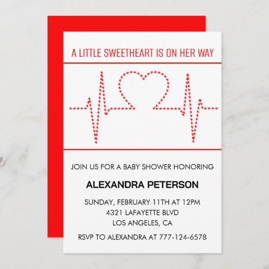 Valentijnsdag baby shower hartslag rood wit kaart (Voorkant / Achterkant)