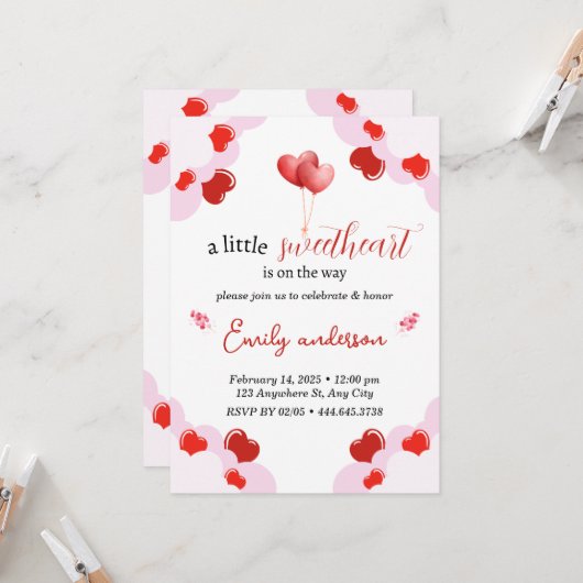 Valentijnsdag Baby shower Invitation Hearts Kaart (Voorkant / Achterkant in situ)