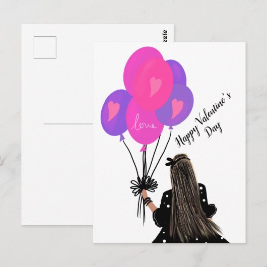 Valentijnsdag ballon Chic Girl Illustratie roze Briefkaart (Voorkant / Achterkant)