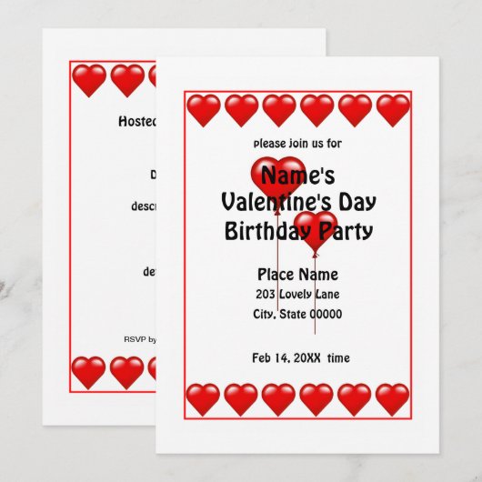 Valentijnsdag Birthday Hearts Party Invision N Kaart (Voorkant / Achterkant)
