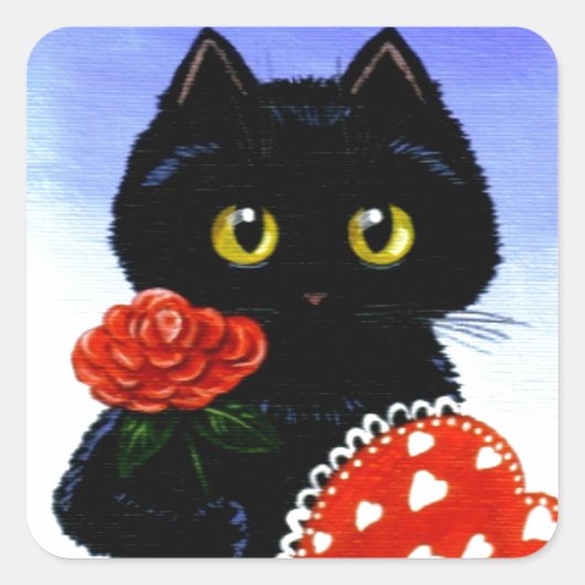 Valentijnsdag Black Cat Art Creationarts Vierkante Sticker (Voorkant)