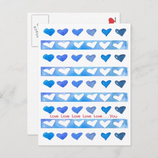 Valentijnsdag Blauwe Waterverf Harten houden van j Feestdagenkaart (Voorkant / Achterkant)