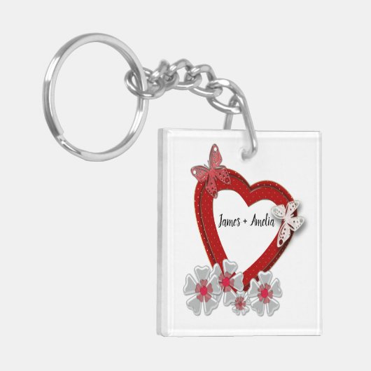 Valentijnsdag bloemen florale rode bloedvlinder sleutelhanger (Voorkant Links)