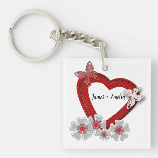 Valentijnsdag bloemen florale rode bloedvlinder sleutelhanger (Voorkant)