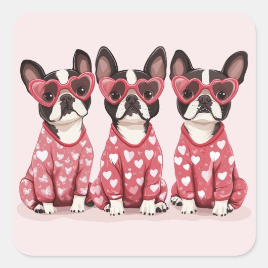 Valentijnsdag Boston Terrier Dogs Vierkante Sticker (Voorkant)