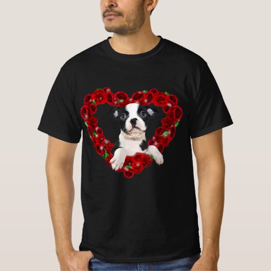 Valentijnsdag Boston Terrier Heart Rozen Gift Dog T-shirt (Voorkant)
