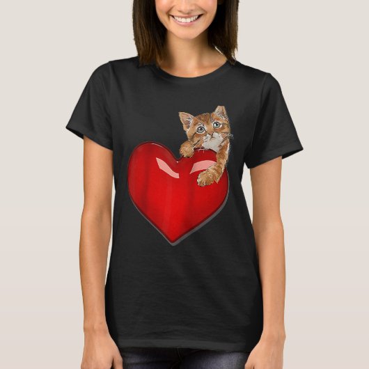 Valentijnsdag Cat w Red Heart schattige kitten val T-shirt (Voorkant)
