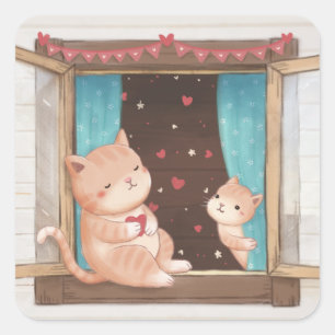 Valentijnsdag: Cats & Hearts Illustration Vierkante Sticker