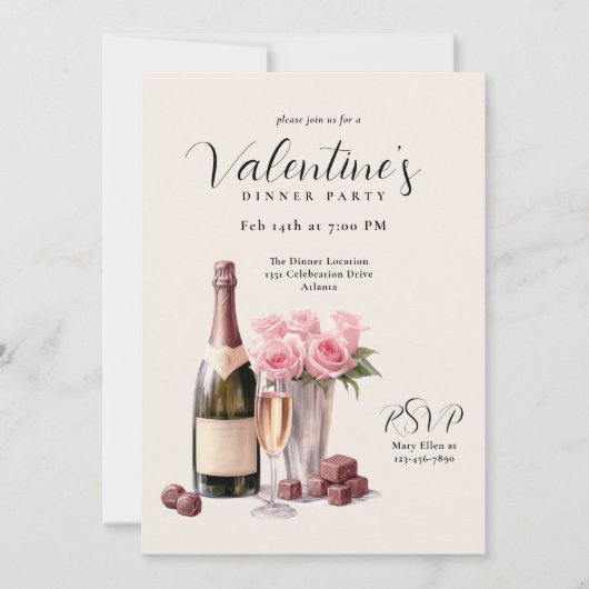 Valentijnsdag Champagne Diner Party Kaart (Voorkant)