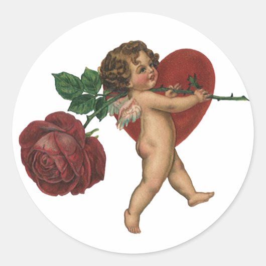  Valentijnsdag Cherub en Victoriaans Roos Ronde Sticker (Voorkant)