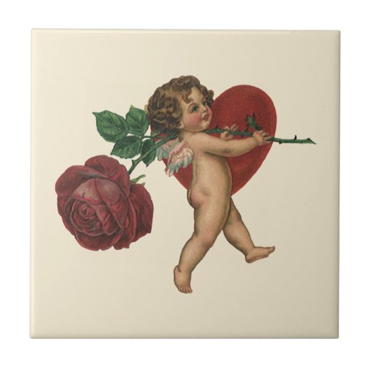 Valentijnsdag Cherub en Victoriaans Roos Tegeltje (Voorkant)