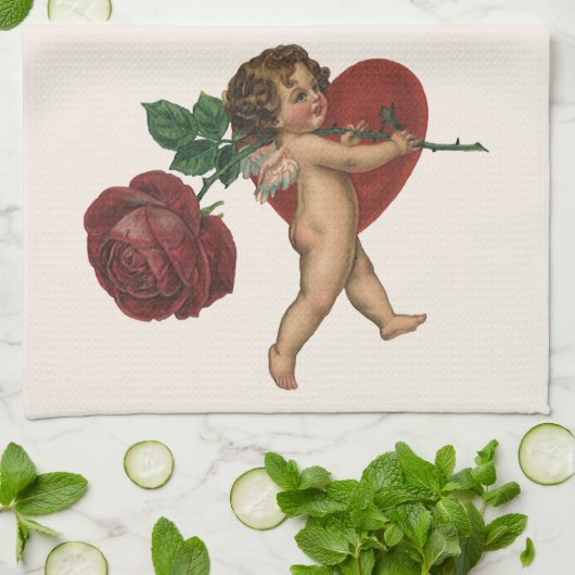 Valentijnsdag Cherub en Victoriaans Roos Theedoek (Gevouwen)