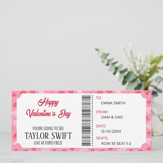 Valentijnsdag concert cadeaubon voor hem haar kaart (Staand voorkant)