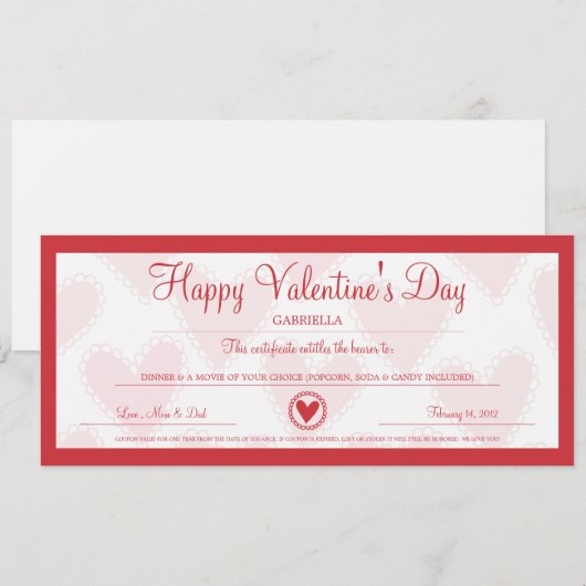 Valentijnsdag Coupon Feestdagenkaart (Voorkant / Achterkant)