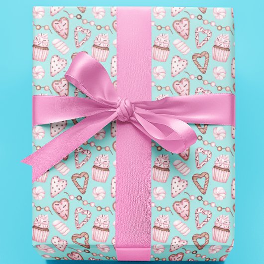 Valentijnsdag Cupcake Cookie Waterverf patroon Cadeaupapier