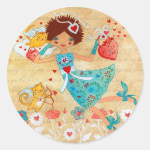 Valentijnsdag Cupid Cats met hart en bloemen Ronde Sticker