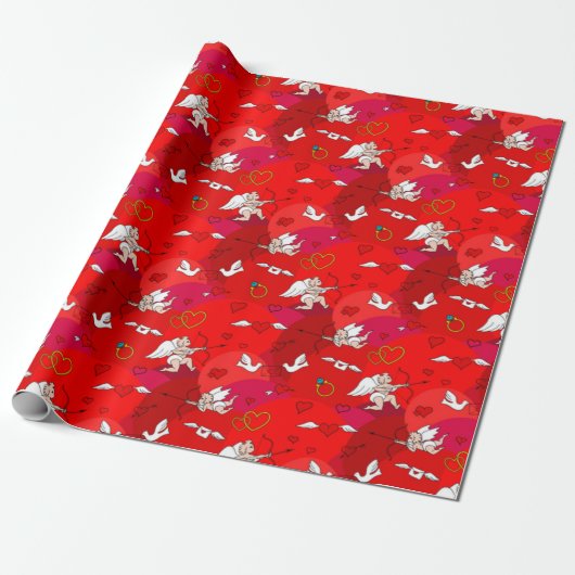 Valentijnsdag Cupid Vleugels Hart Rood Roze Cadeaupapier (Uitgerold)