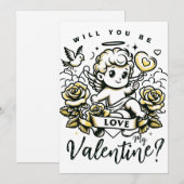 Valentijnsdag Cupido met gele rozen en duif Feestdagenkaart (Voorkant / Achterkant)