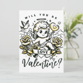 Valentijnsdag Cupido met gele rozen en duif Feestdagenkaart (Staand voorkant)