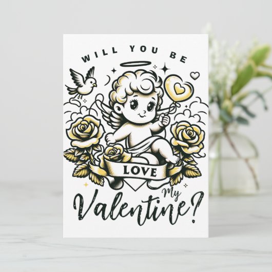 Valentijnsdag Cupido met gele rozen en duif Feestdagenkaart (Staand voorkant)